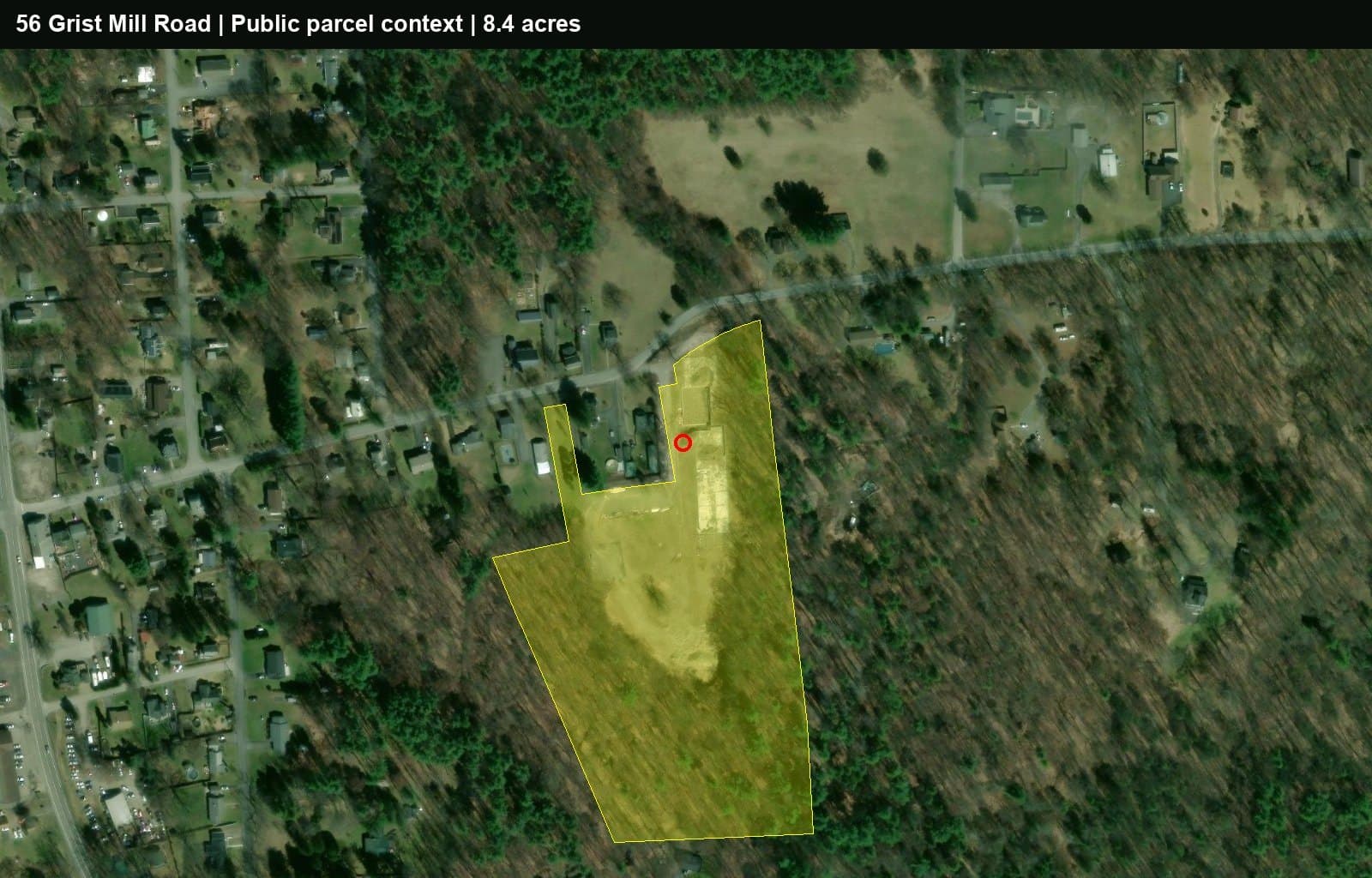 Aerial view of the Tillson Woods parcel area with the parcel boundary highlighted.