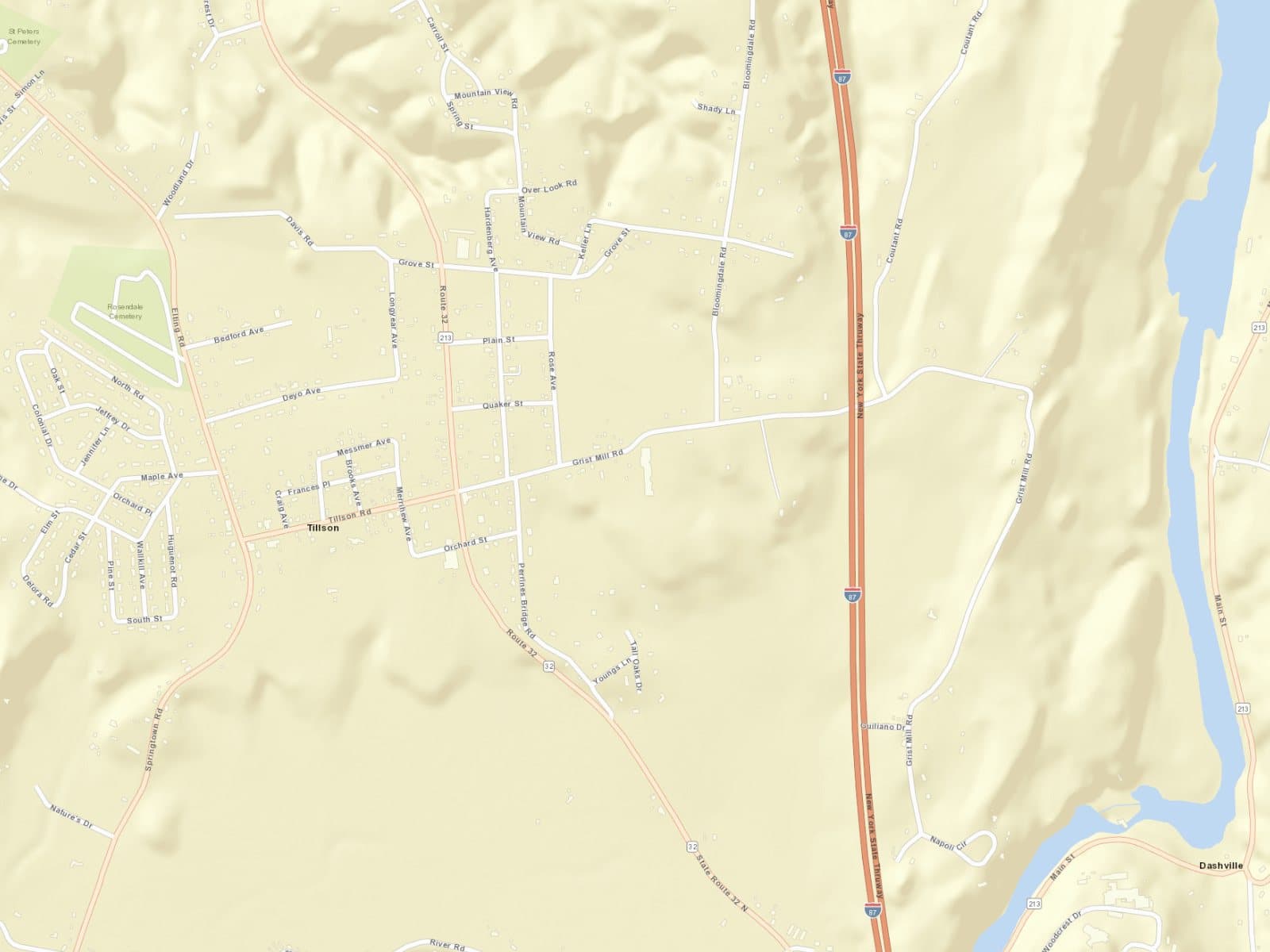 Street map context around Tillson Woods and nearby routes.