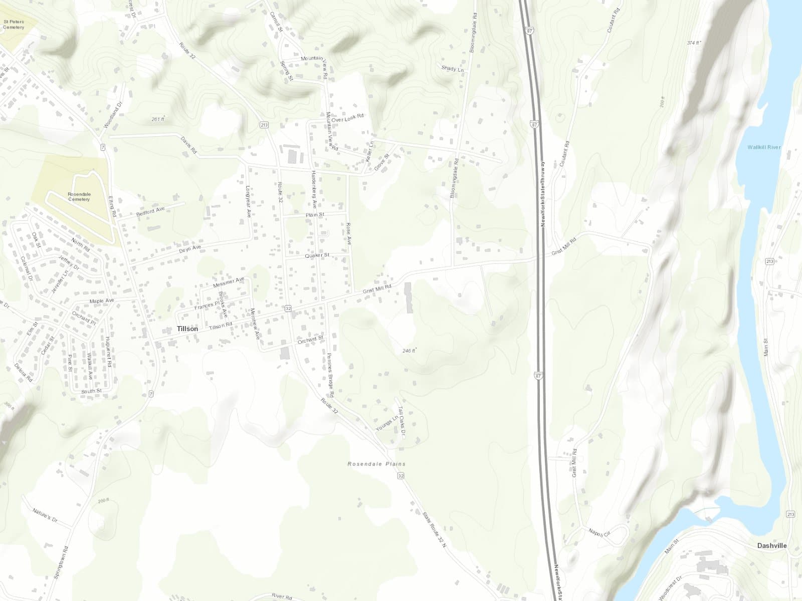 Topographic map context around Tillson Woods.